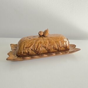 Anthropologie Butter Dish - Acorn Leaves Brown Ceramic